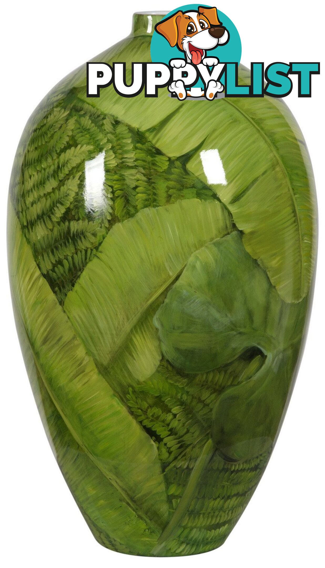 Large Handpainted Green Vase: Tropical Leaves