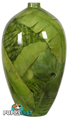 Large Handpainted Green Vase: Tropical Leaves