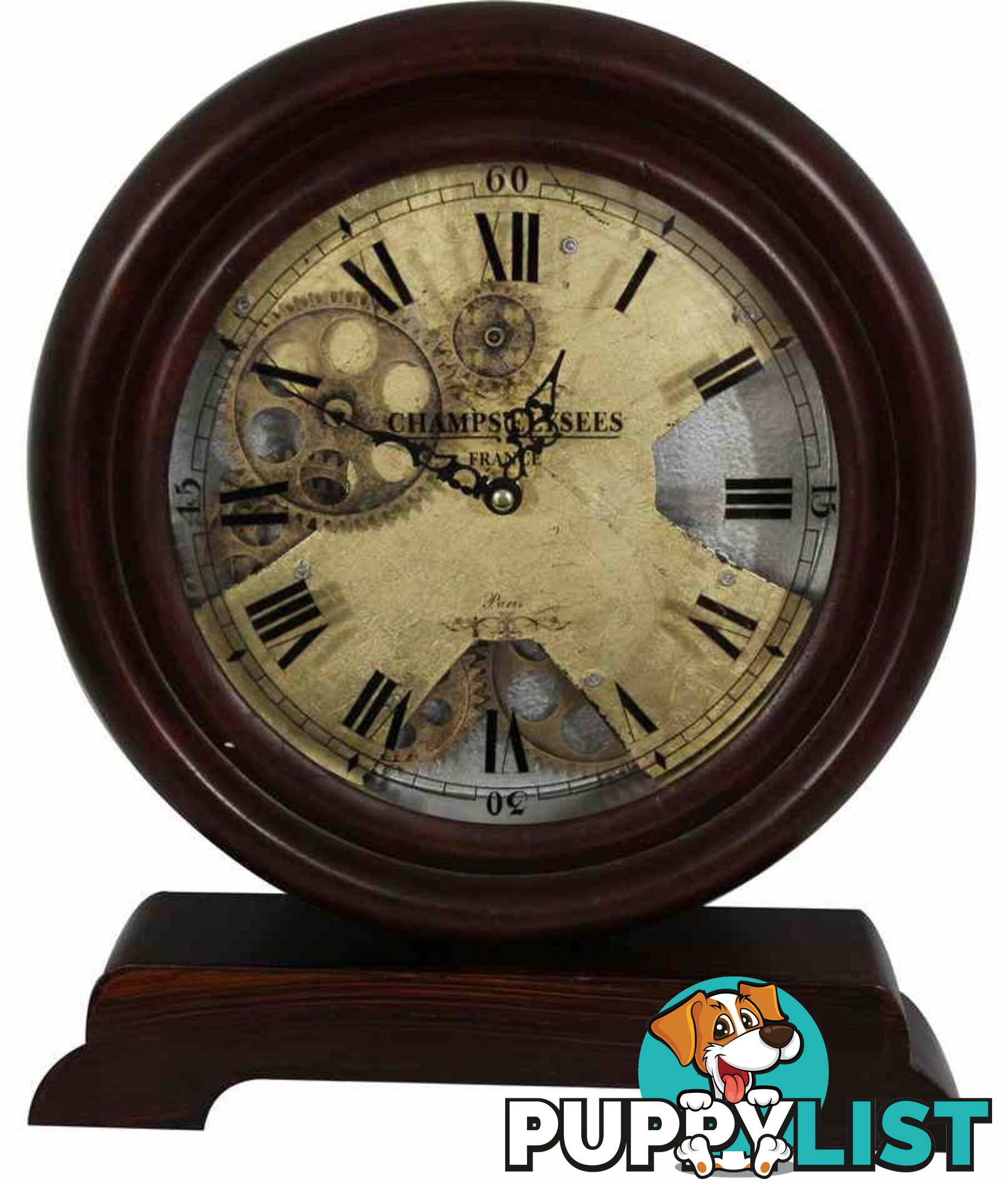 Champs Elysee France Antique Wooden Gear Table Clock