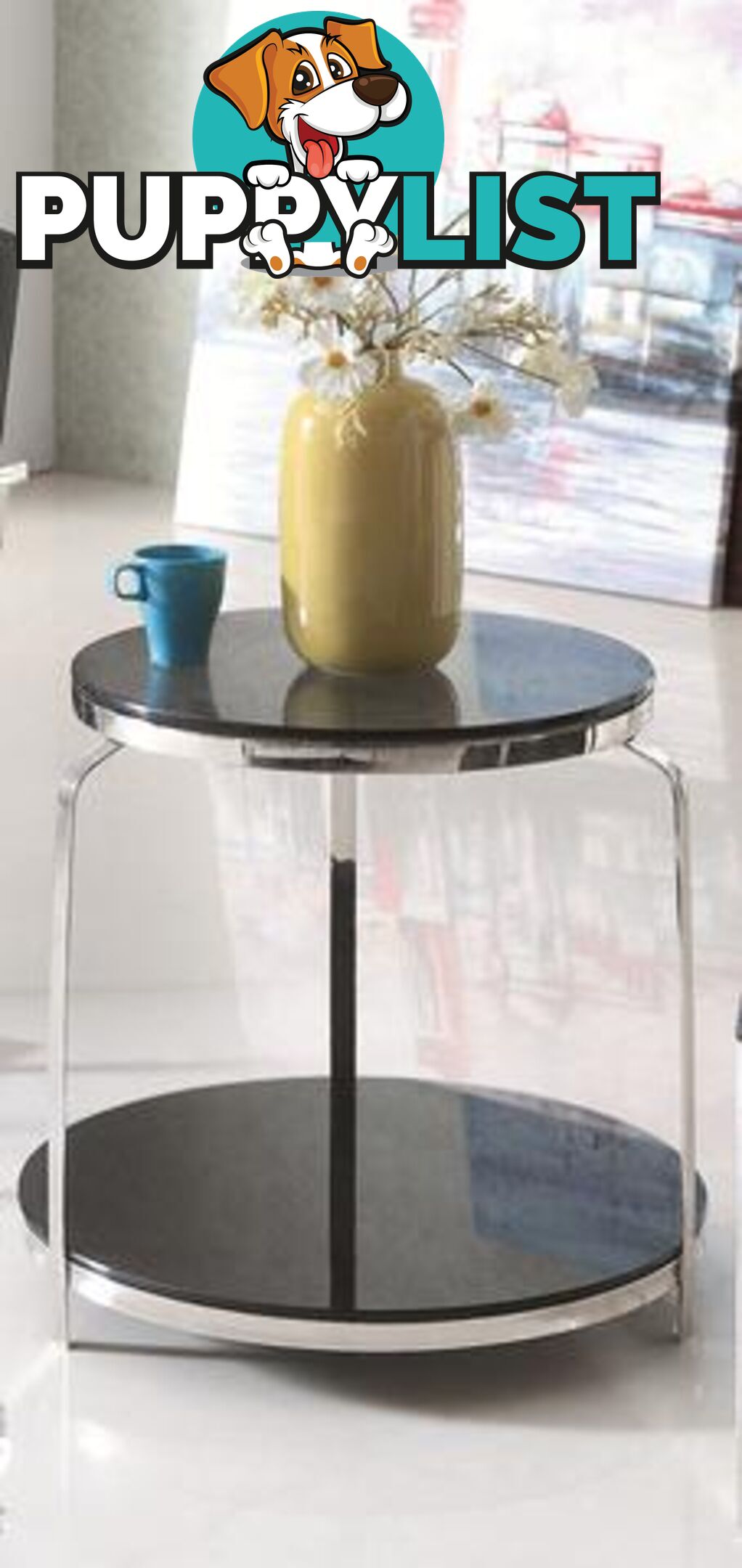 Coni Pollished Stainless Steel Side Table With Black Tempered Glass