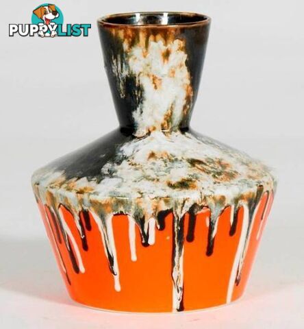 Large Geometric Textured Vintage Black And Orange Vase, Drip Pain