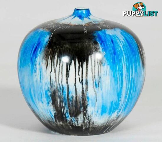 Round Vintage Vase : Black And Blue Drip Painting