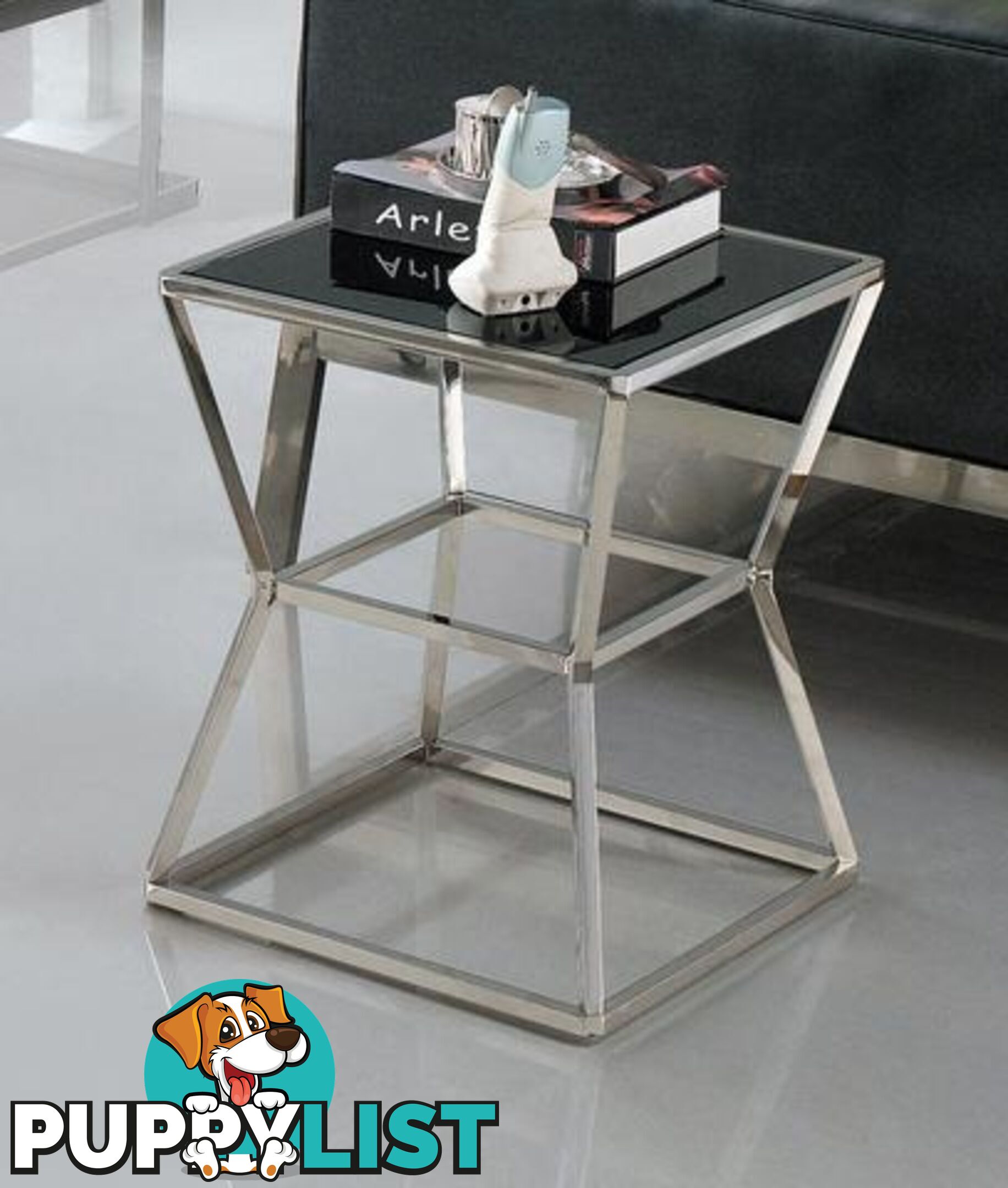 Soma Pollished Stainless Steel Side Table With Black Tempered Glass