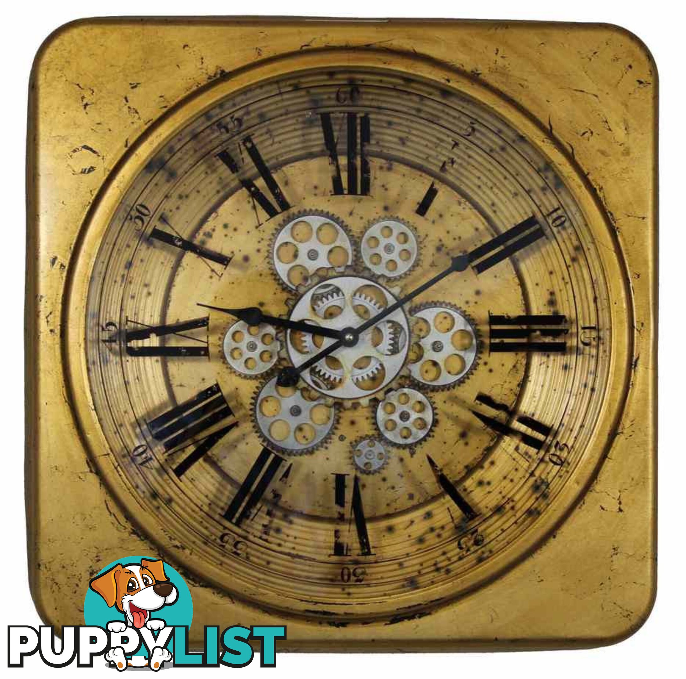 Large Golden Square Gear Wall Clock