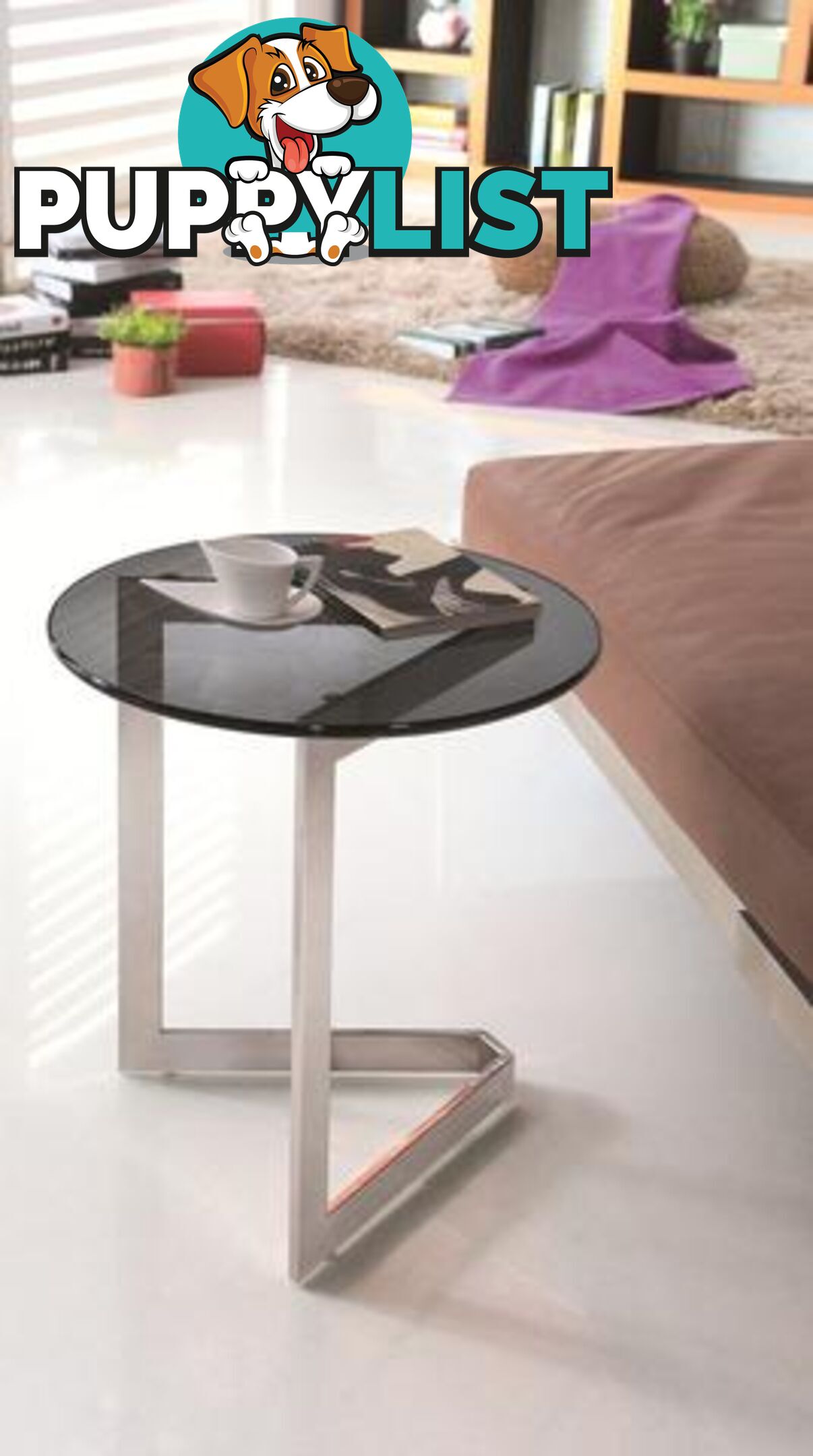 Dora Pollished Stainless Steel End Table With Black Tempered Glass.