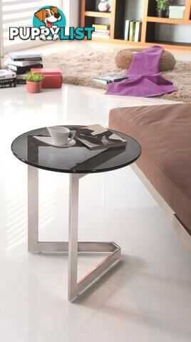 Dora Pollished Stainless Steel End Table With Black Tempered Glass.