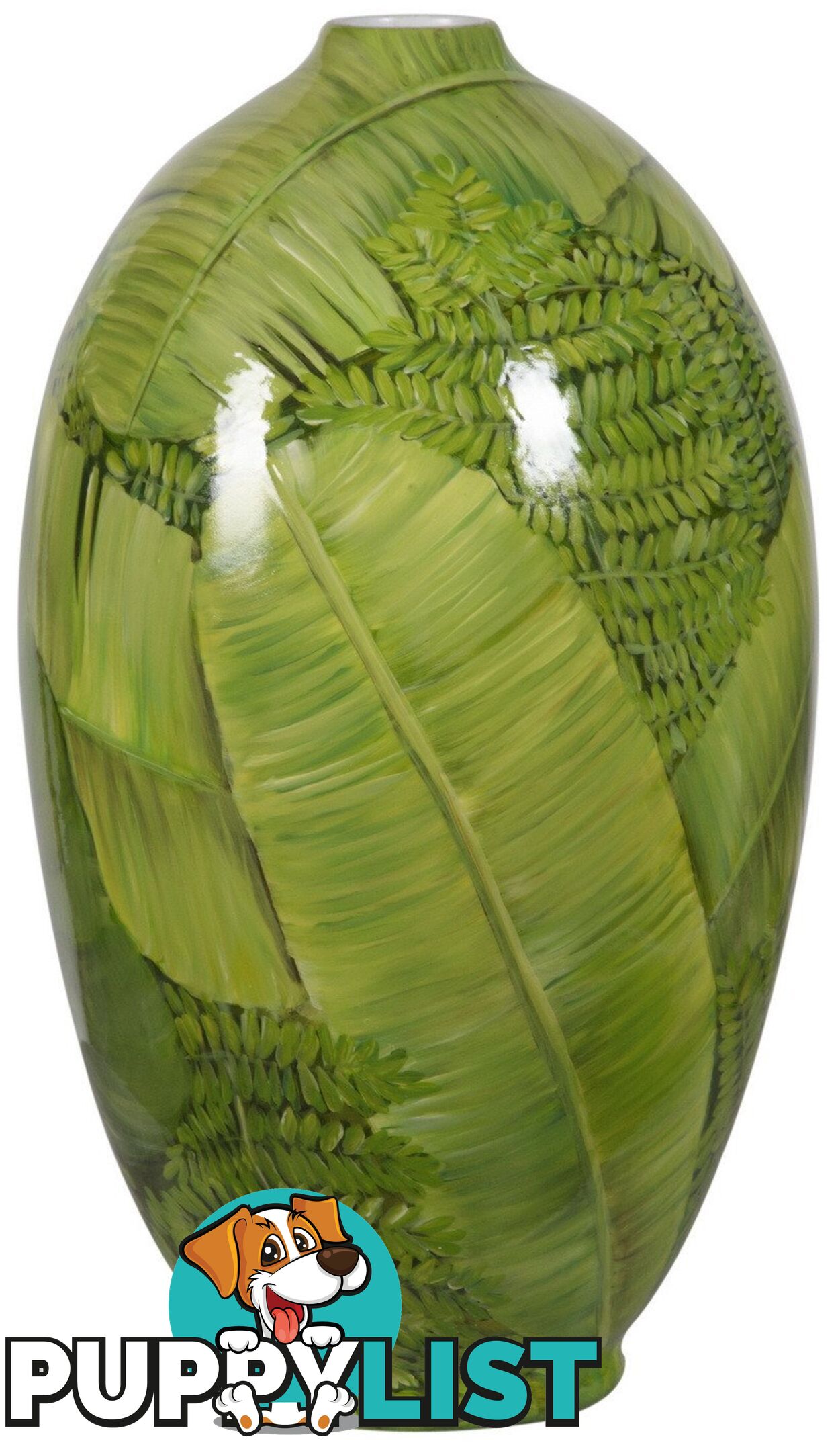 X Large Handpainted Green Vase: Tropical Leaves