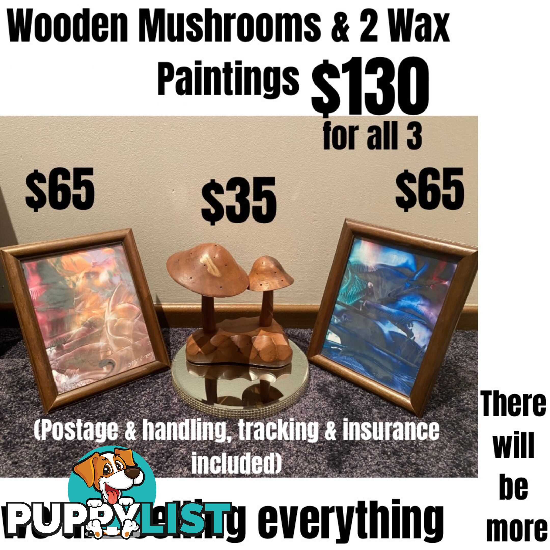 Wooden Mushrooms plus 2 Wax Paintings