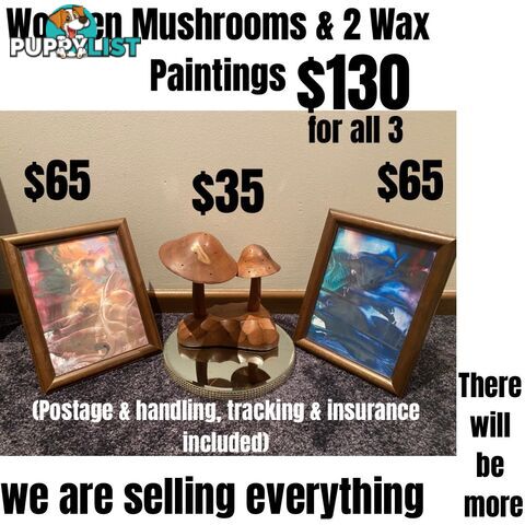 Wooden Mushrooms plus 2 Wax Paintings