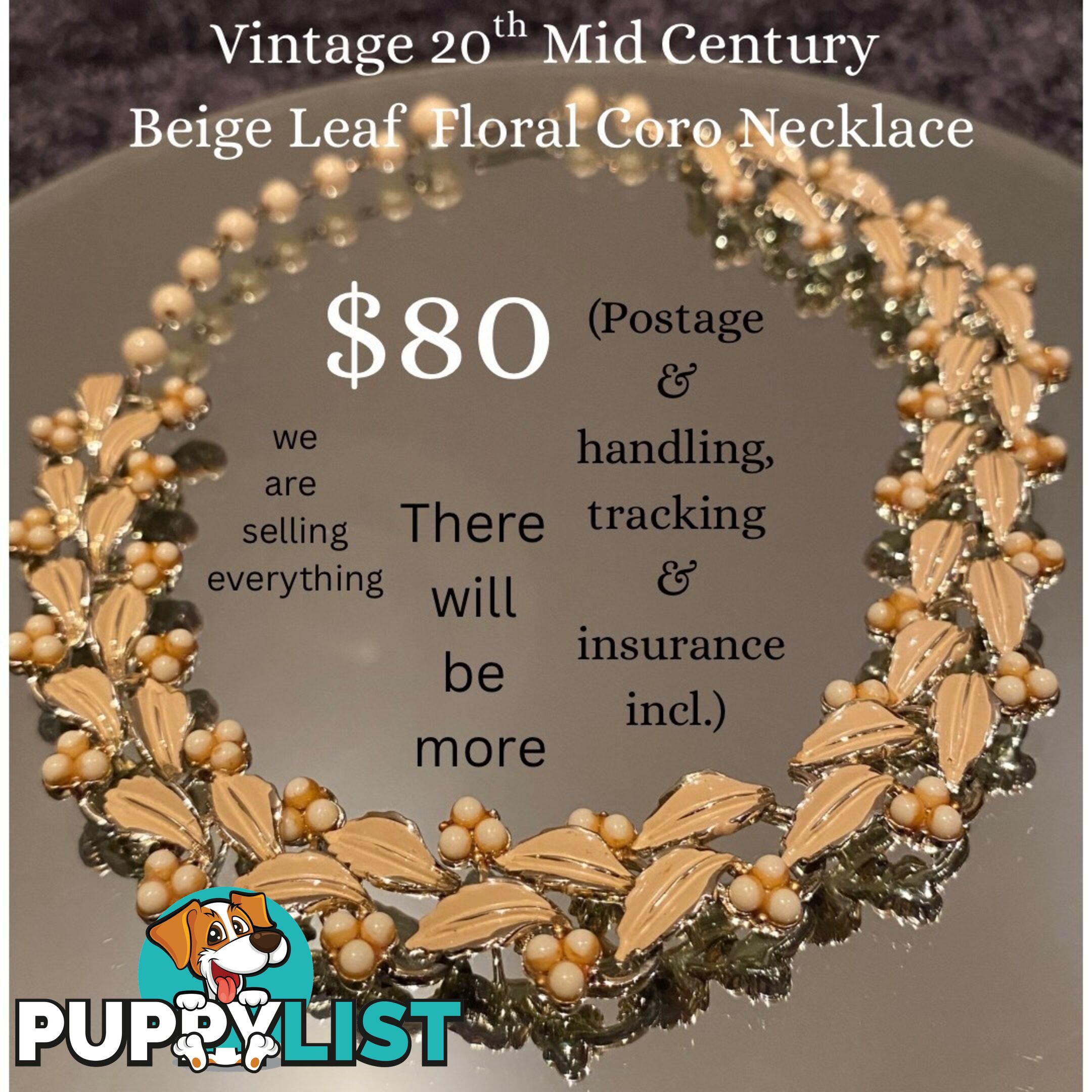Vintage 20th Mid Century Beige Leaf Floral Coro Necklace