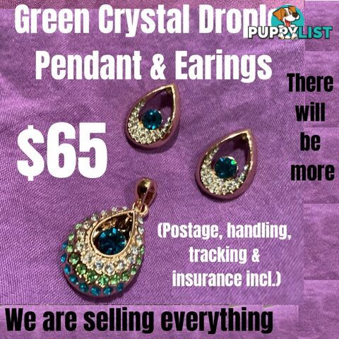 Green Crystal Droplet Pendant & Earrings