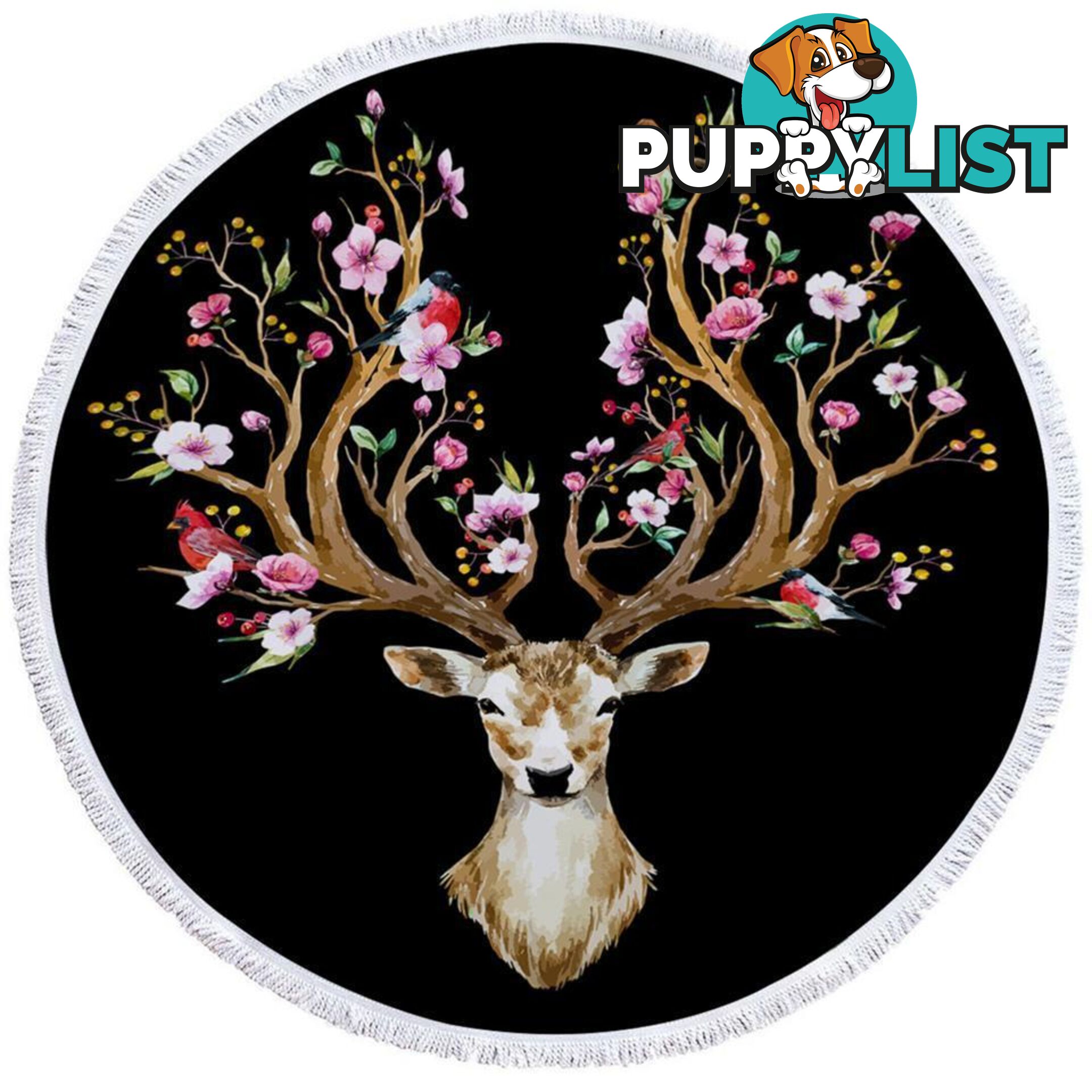 Black Background Floral Deer Beach Towel - Towel - 7427046312813