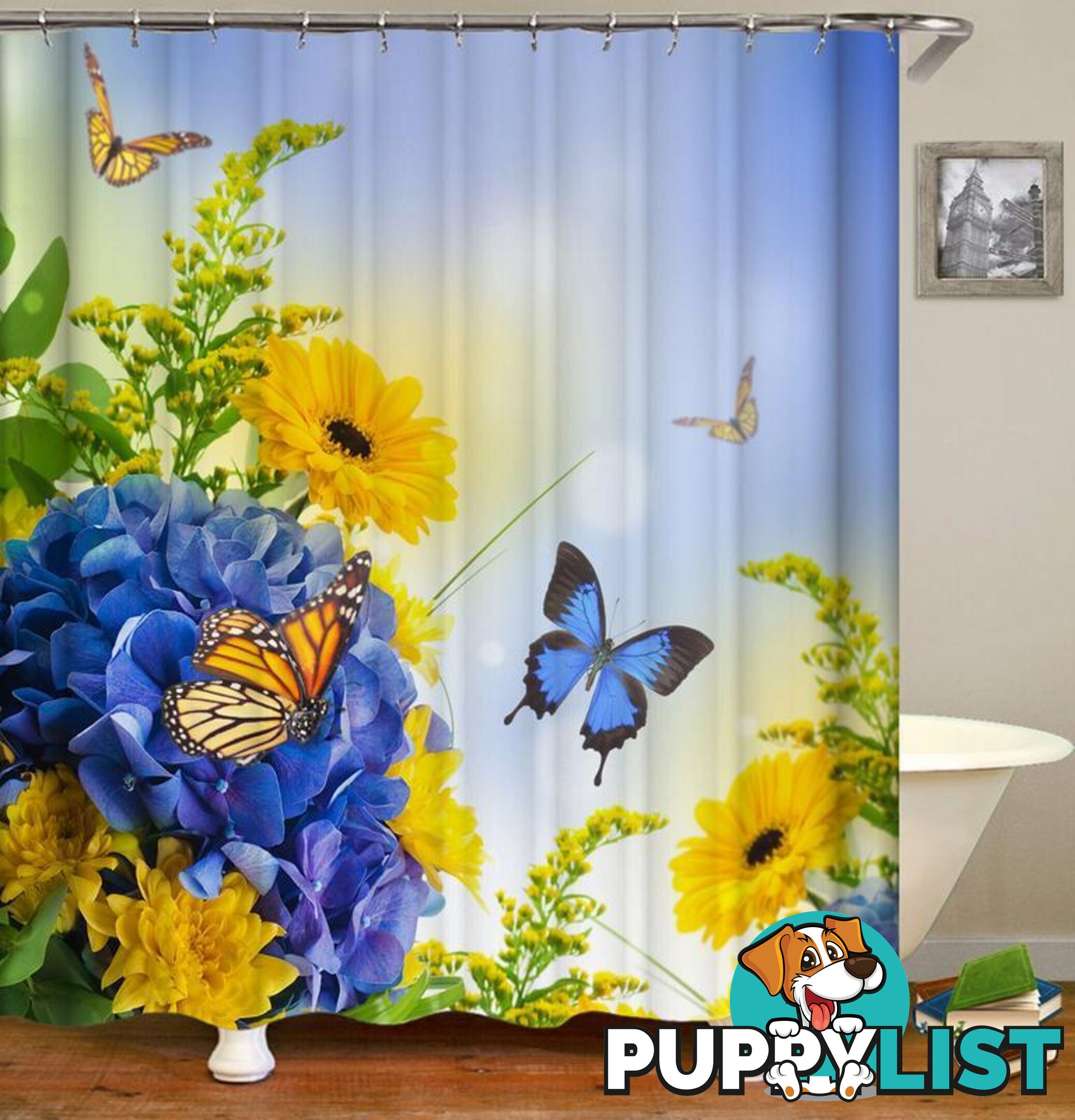 Blue And Yellow Flowers ft. Butterflies Shower Curtain - Curtain - 7427045918214