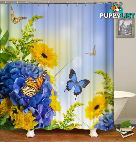 Blue And Yellow Flowers ft. Butterflies Shower Curtain - Curtain - 7427045918214