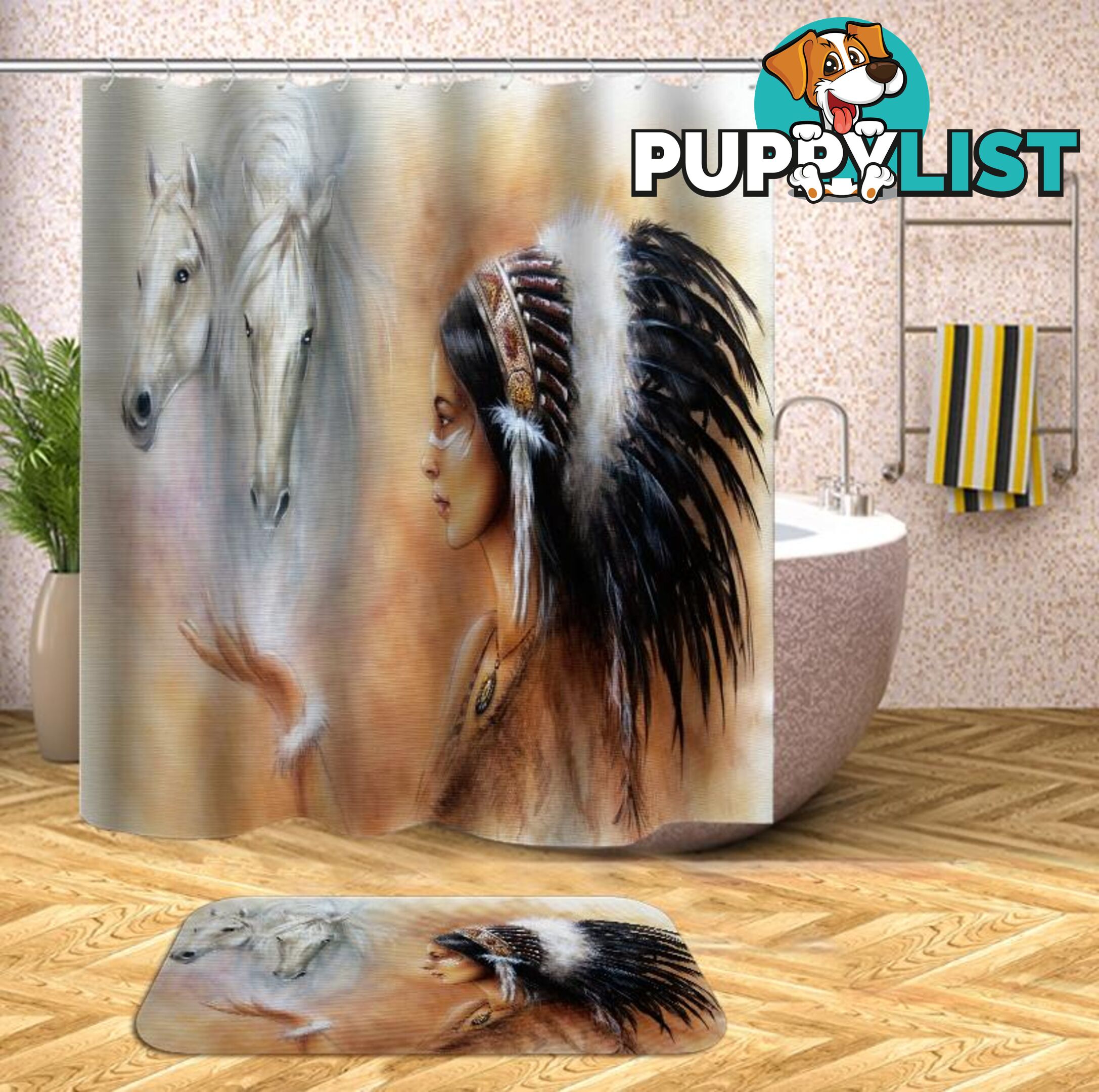 Native American Girl And Horses Shower Curtain - Curtains - 7427045954434