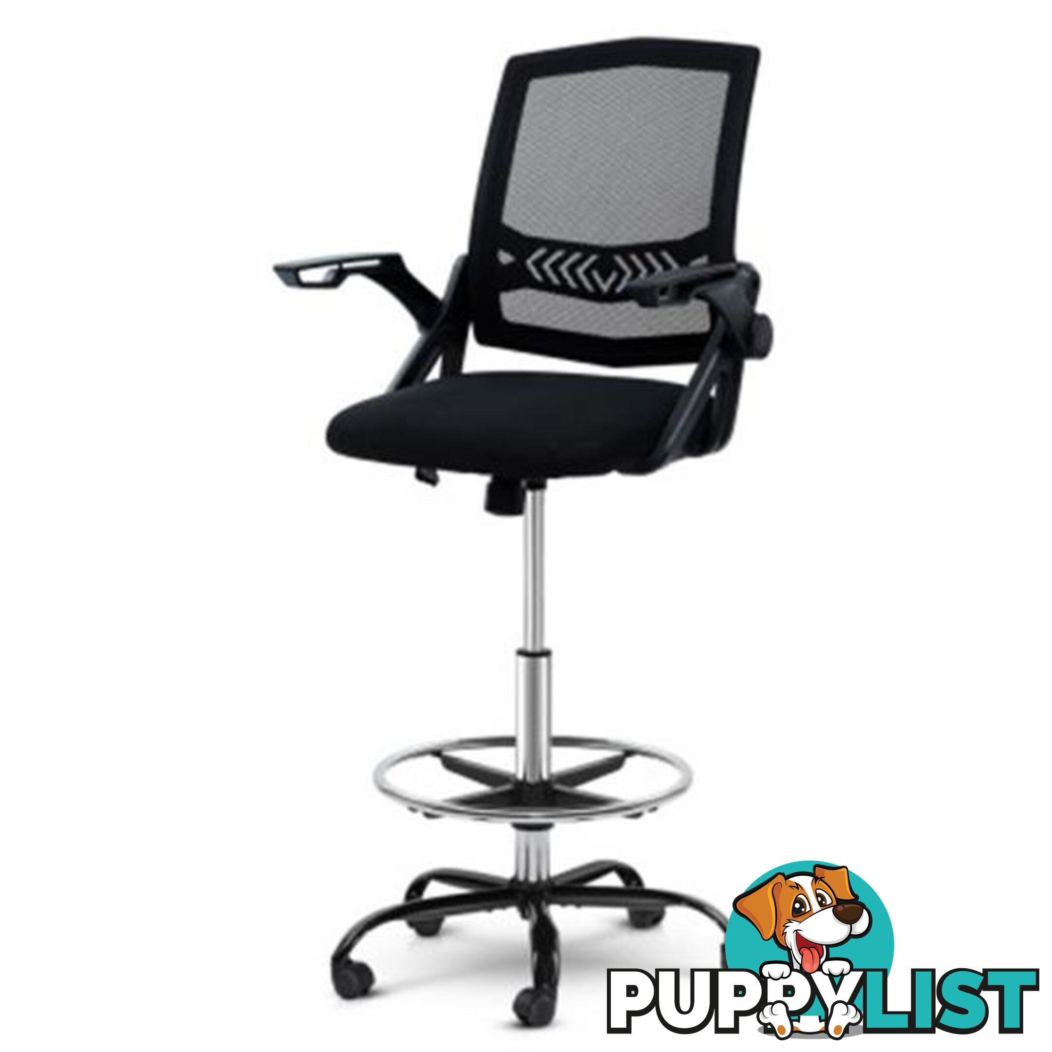 Office Chair Veer Drafting Stool Mesh Flip Up Armrest Black - Artiss - 7427046189675