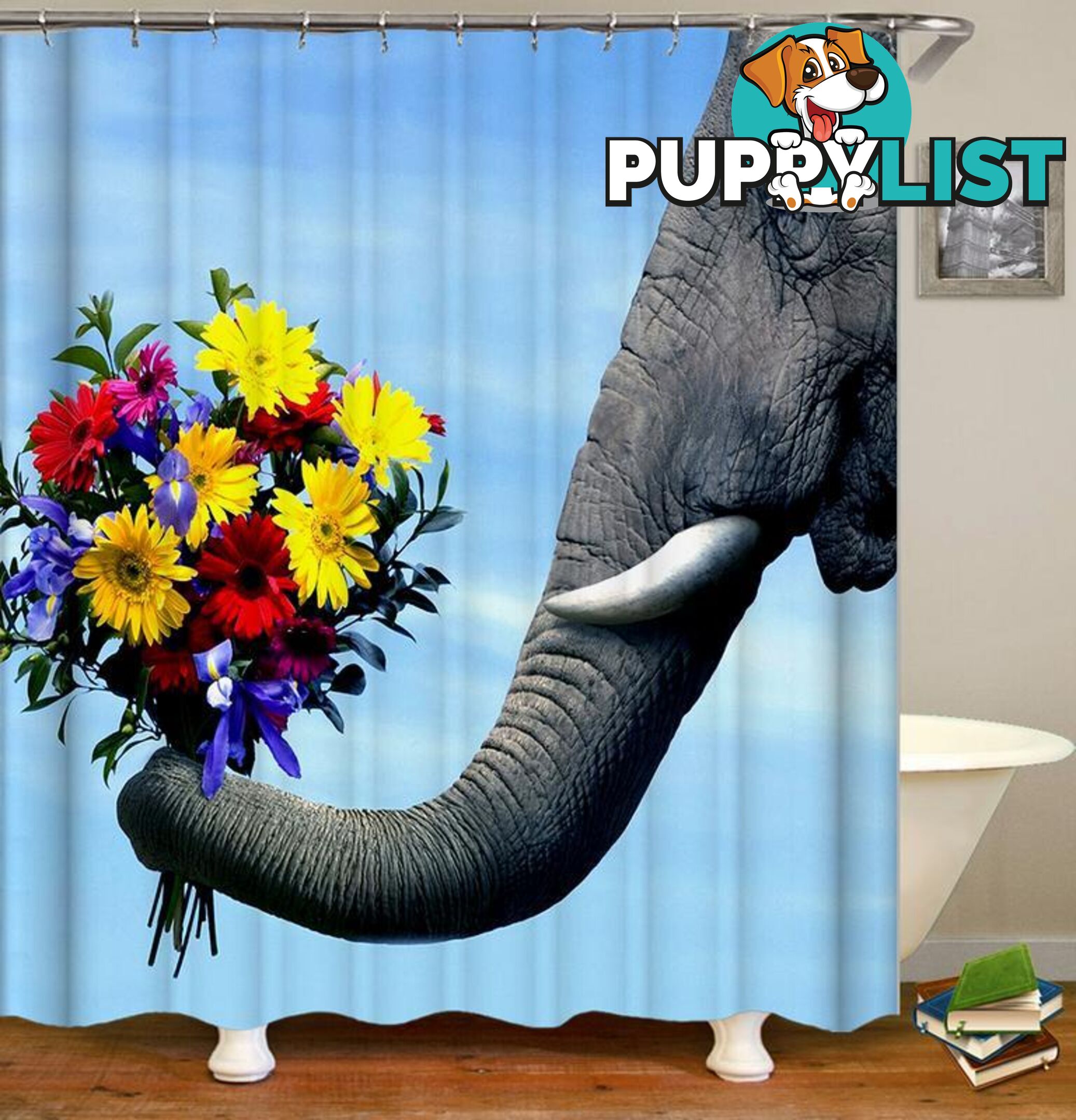 Elephant Holding Colorful Flowers Shower Curtain - Curtain - 7427046032100