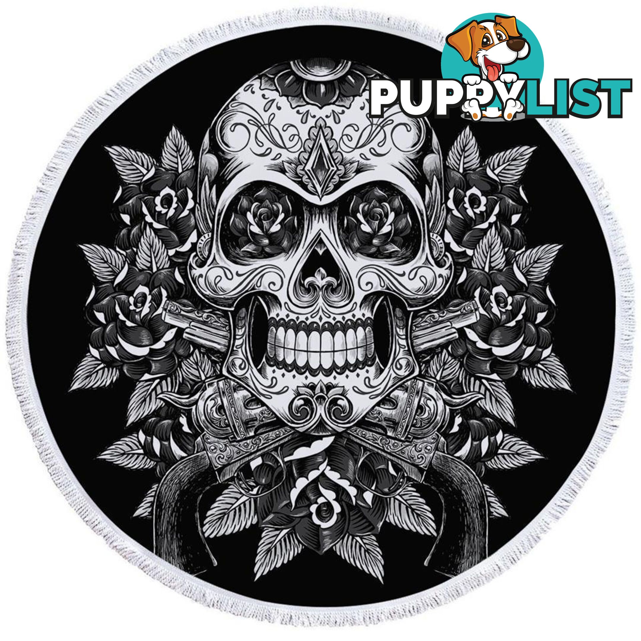 Black and White Skull Guns and Roses Beach Towel - Towel - 7427046320825