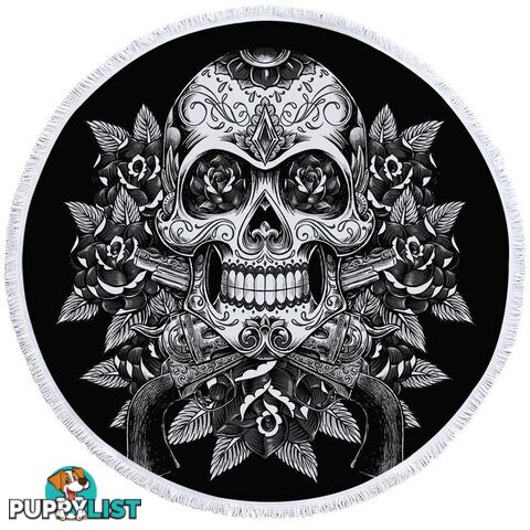 Black and White Skull Guns and Roses Beach Towel - Towel - 7427046320825