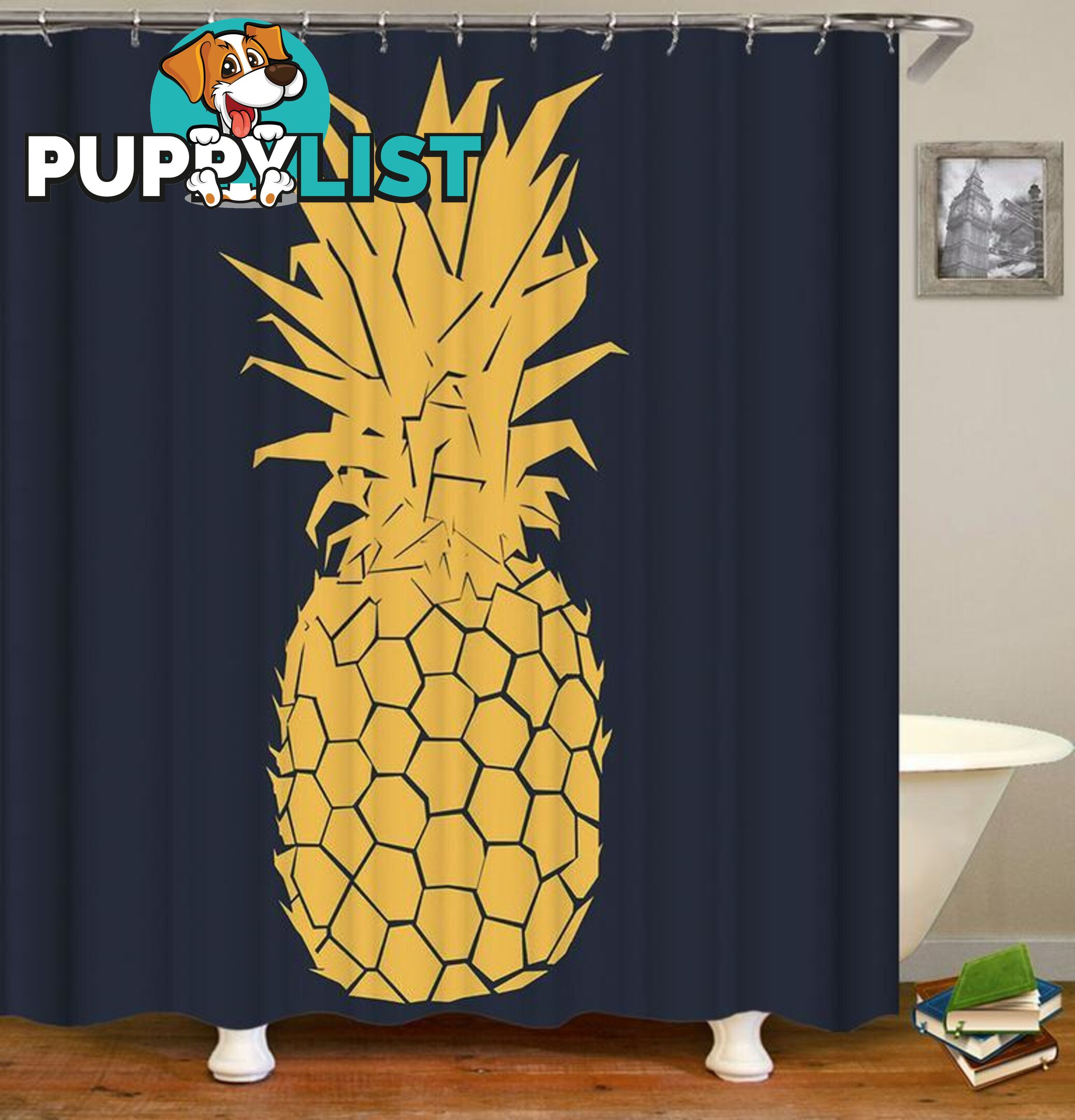 Black Background ft Yellow Pineapple Shower Curtain - Curtain - 7427045944176