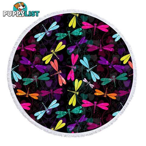 Colorful Dragonflies Over Black Beach Towel - Towel - 7427046343831