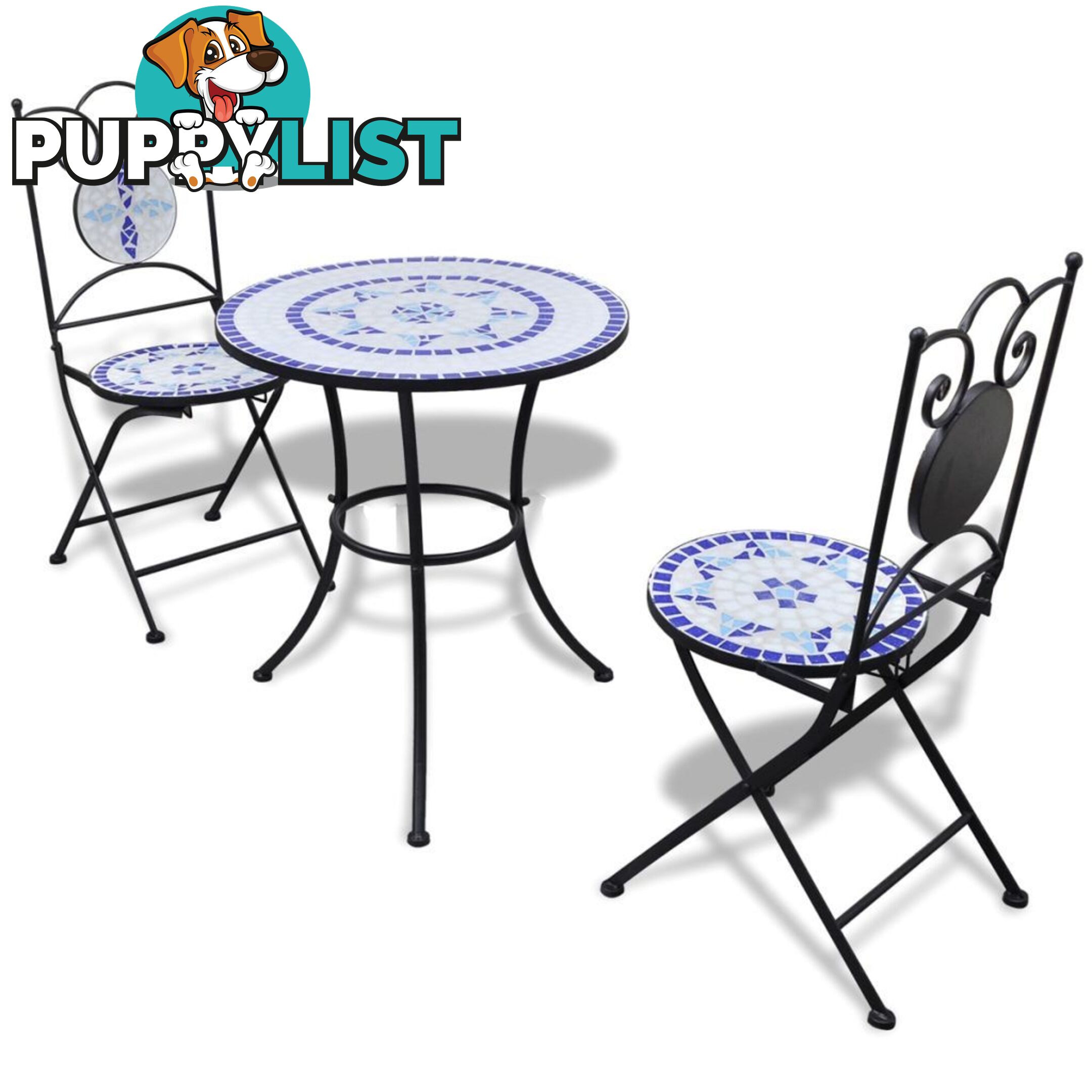 Bistro Table 60 Cm Mosaic With 2 Chairs - Blue / White - Unbranded - 8718475925248