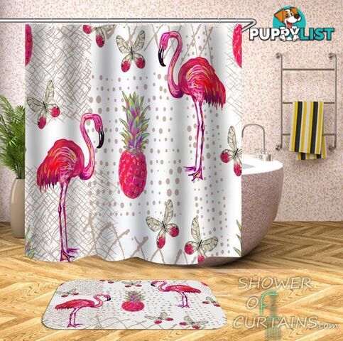 Rich Pink Flamingo Pineapple And Butterflies Shower Curtain - Curtain - 7427046237604