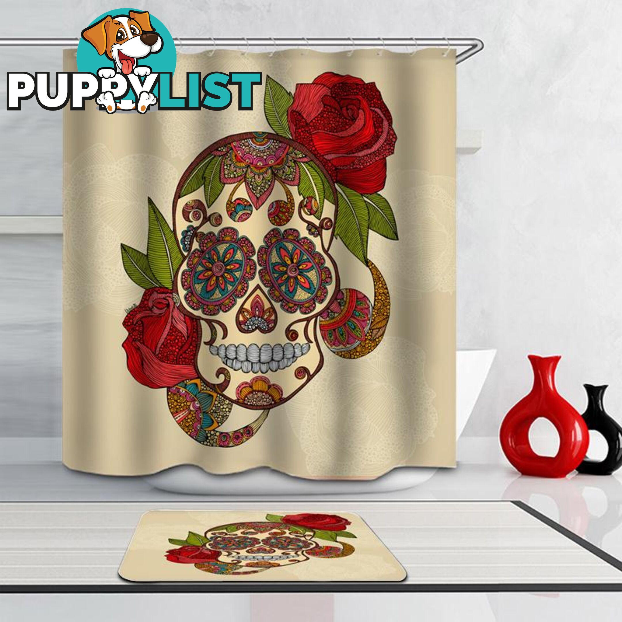 Stained Glass Skull And Roses Shower Curtain - Curtain - 7427046042369