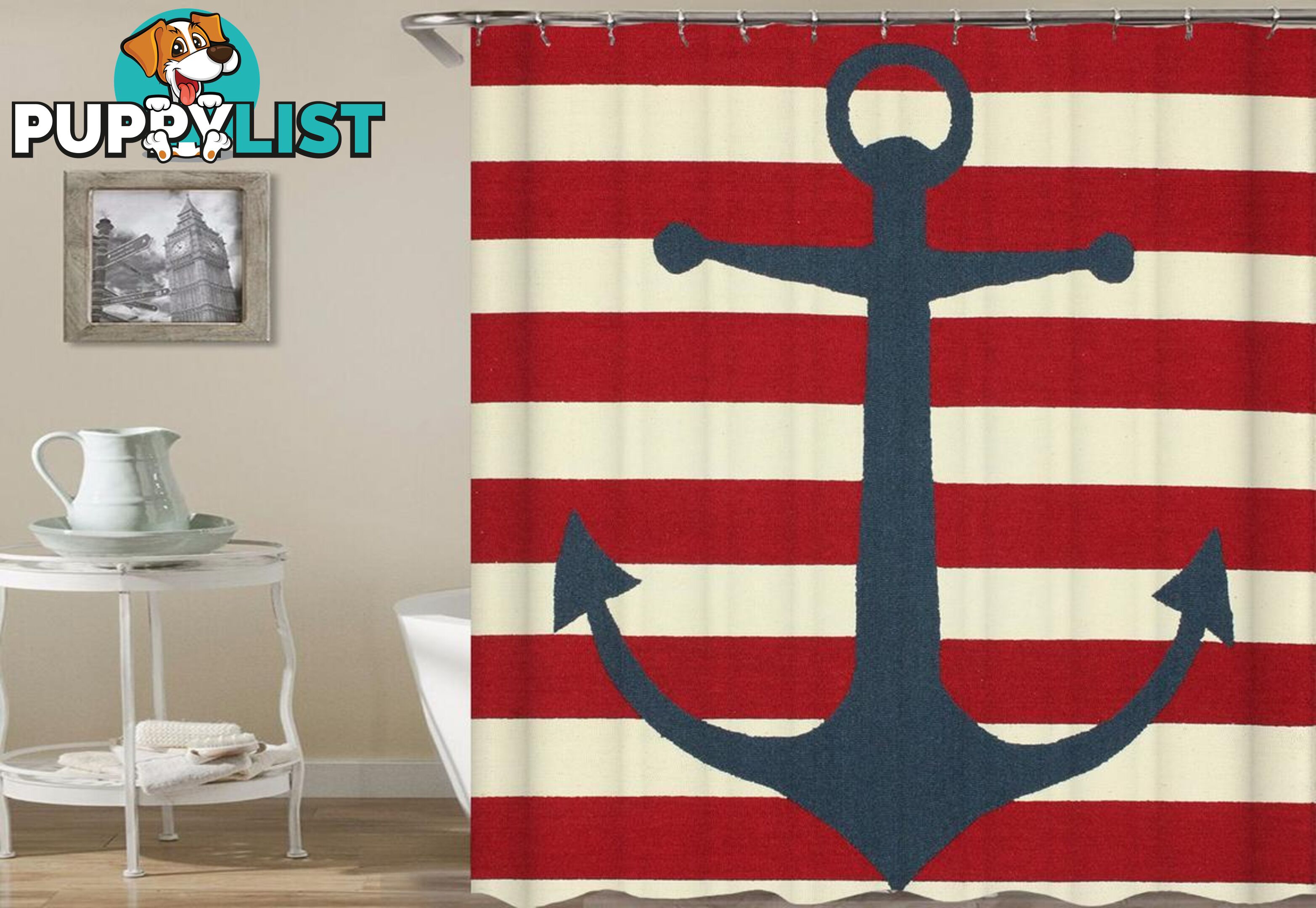 Anchor Over Red Stripes Shower Curtain - Curtain - 7427045994782