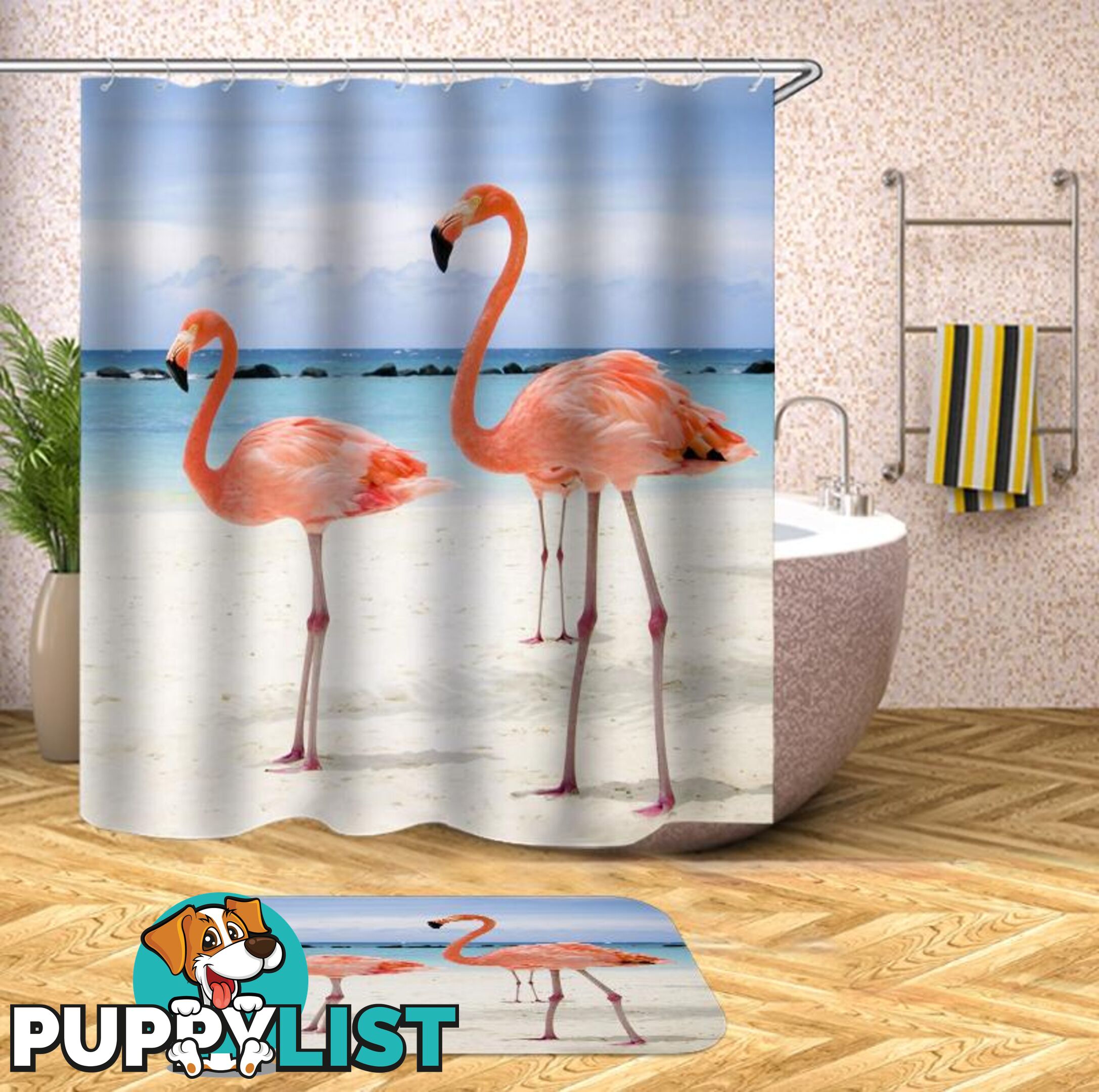 Flamingos On The Beach Shower Curtain - Curtain - 7427046040372