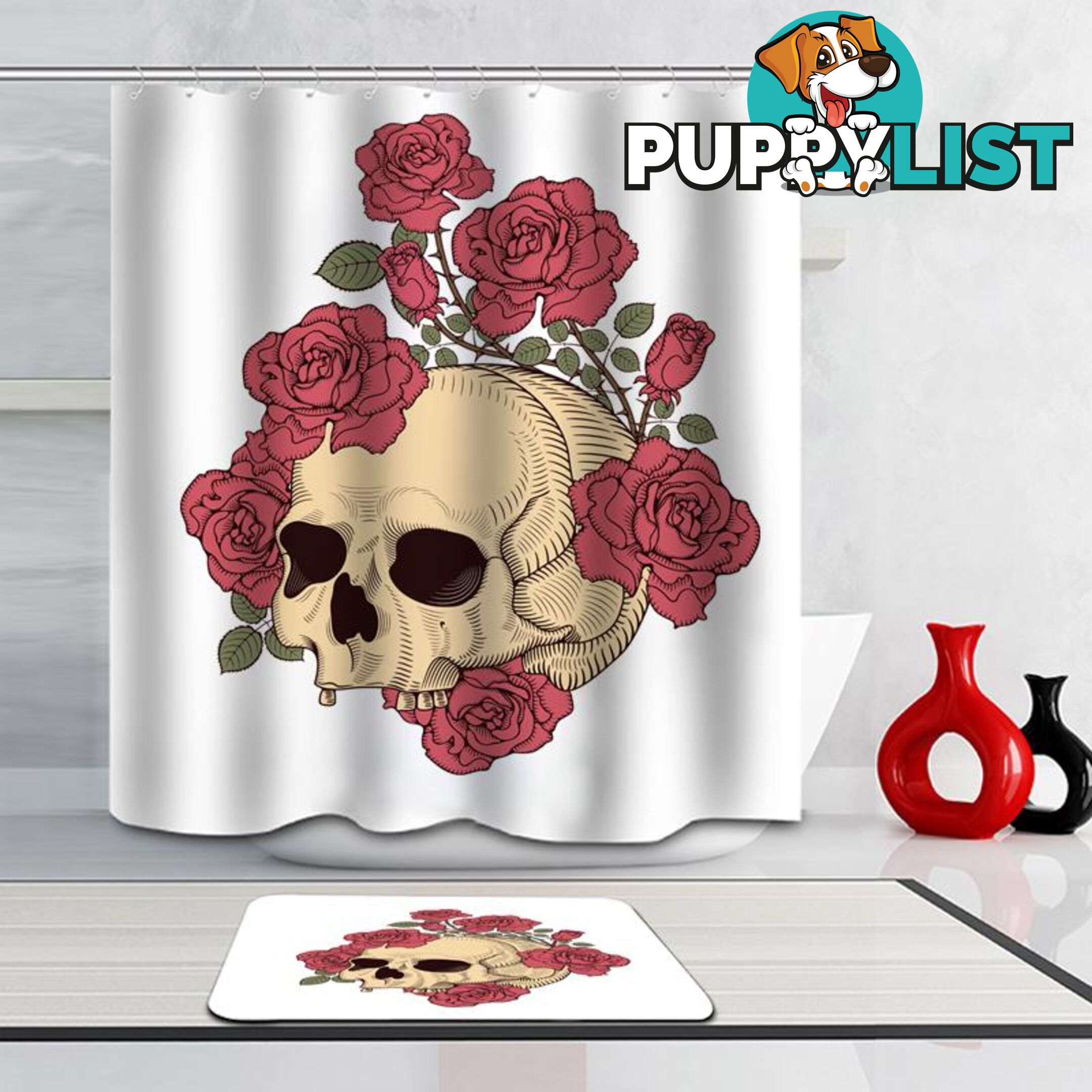 Toothless Skull And Roses Shower Curtain - Curtain - 7427045929210