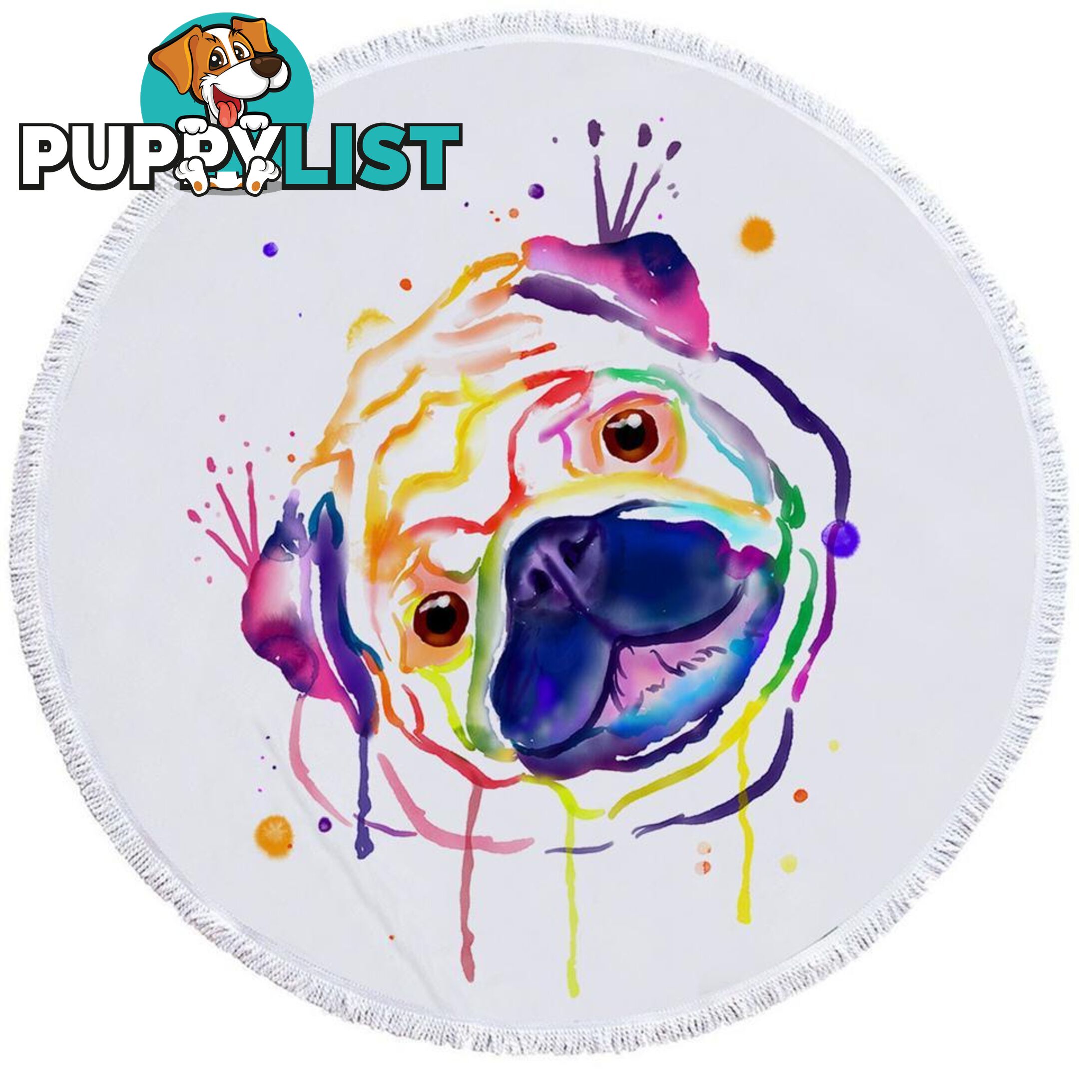 Colorful Painted Pug Beach Towel - Towel - 7427046340076