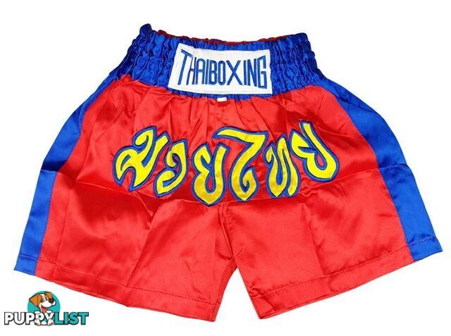 Adults Boxing Pants Satin Red Bluestrip - ThaiBoxing - 9476062140557