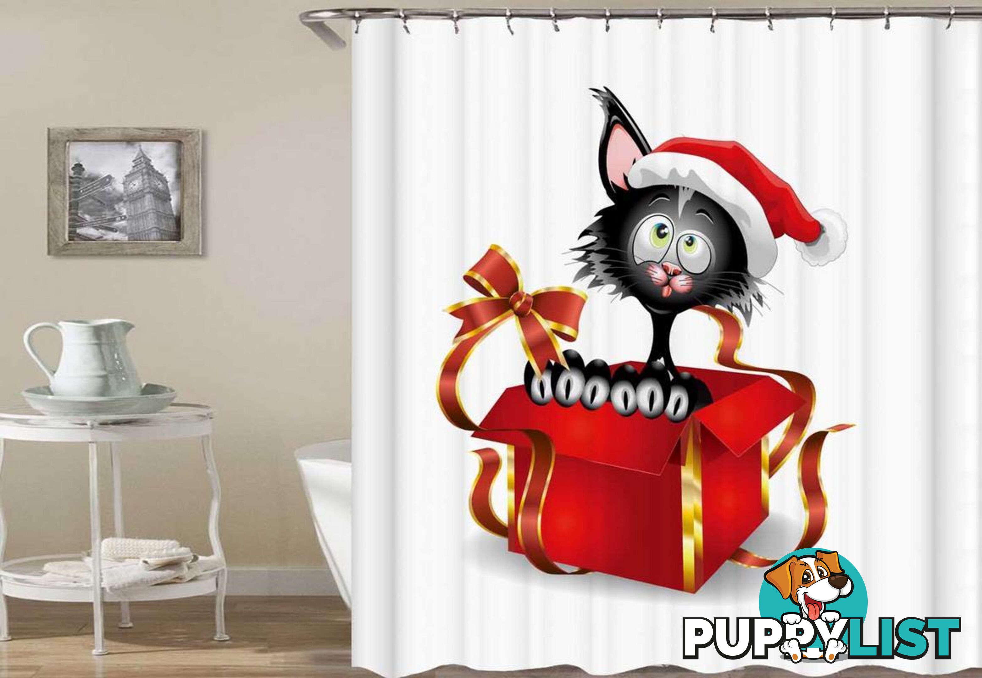 Santaâs Cat In A Gift Box Shower Curtain - Curtains - 7427046065719