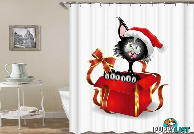 Santaâs Cat In A Gift Box Shower Curtain - Curtains - 7427046065719