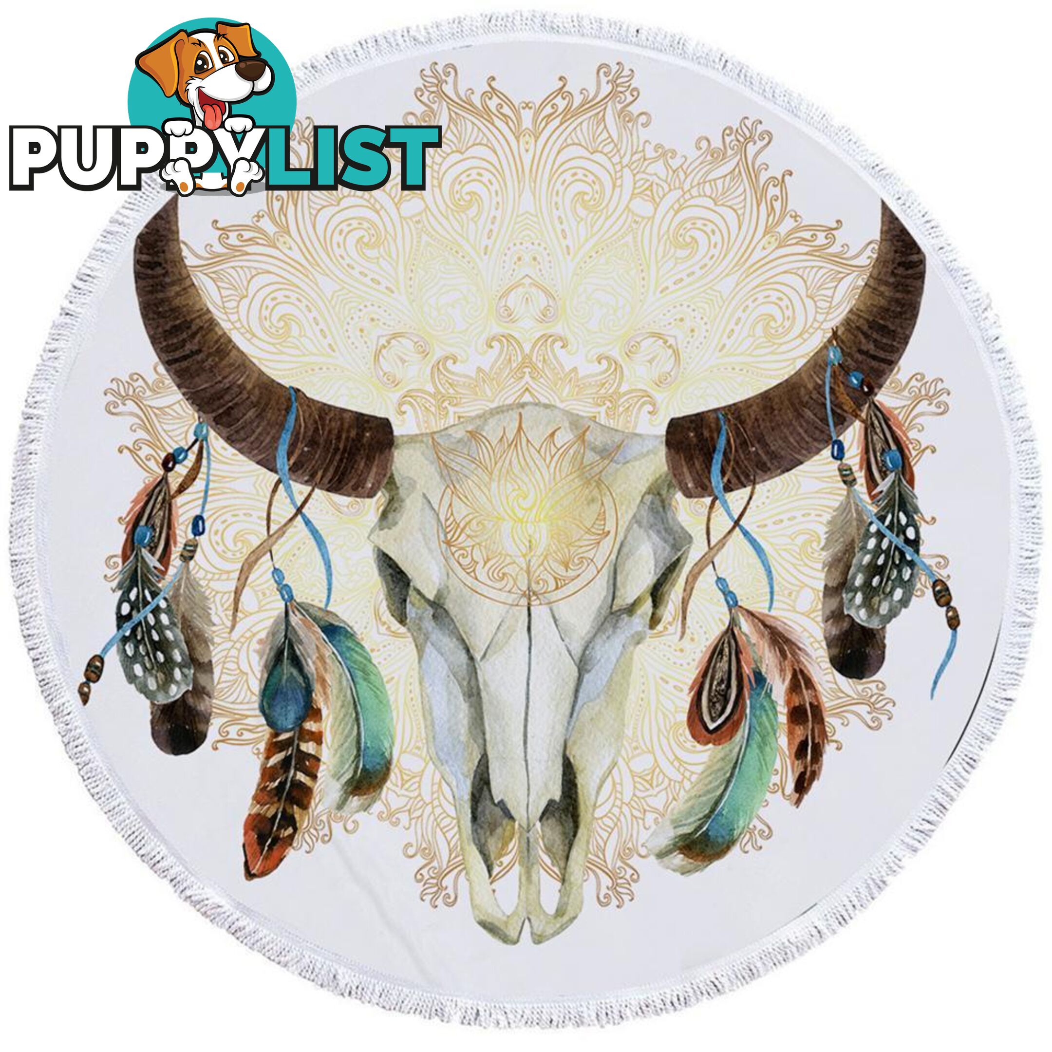 Bull Skull Feathers and Mandala Beach Towel - Towel - 7427046314251