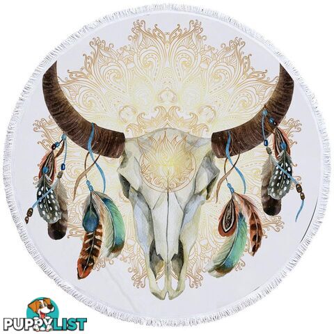 Bull Skull Feathers and Mandala Beach Towel - Towel - 7427046314251