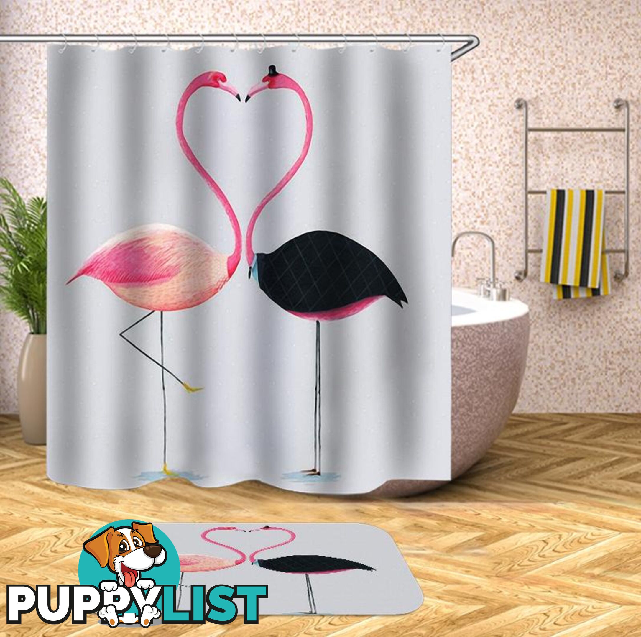 Heart Shape Flamingos Shower Curtain - Curtain - 7427045969476