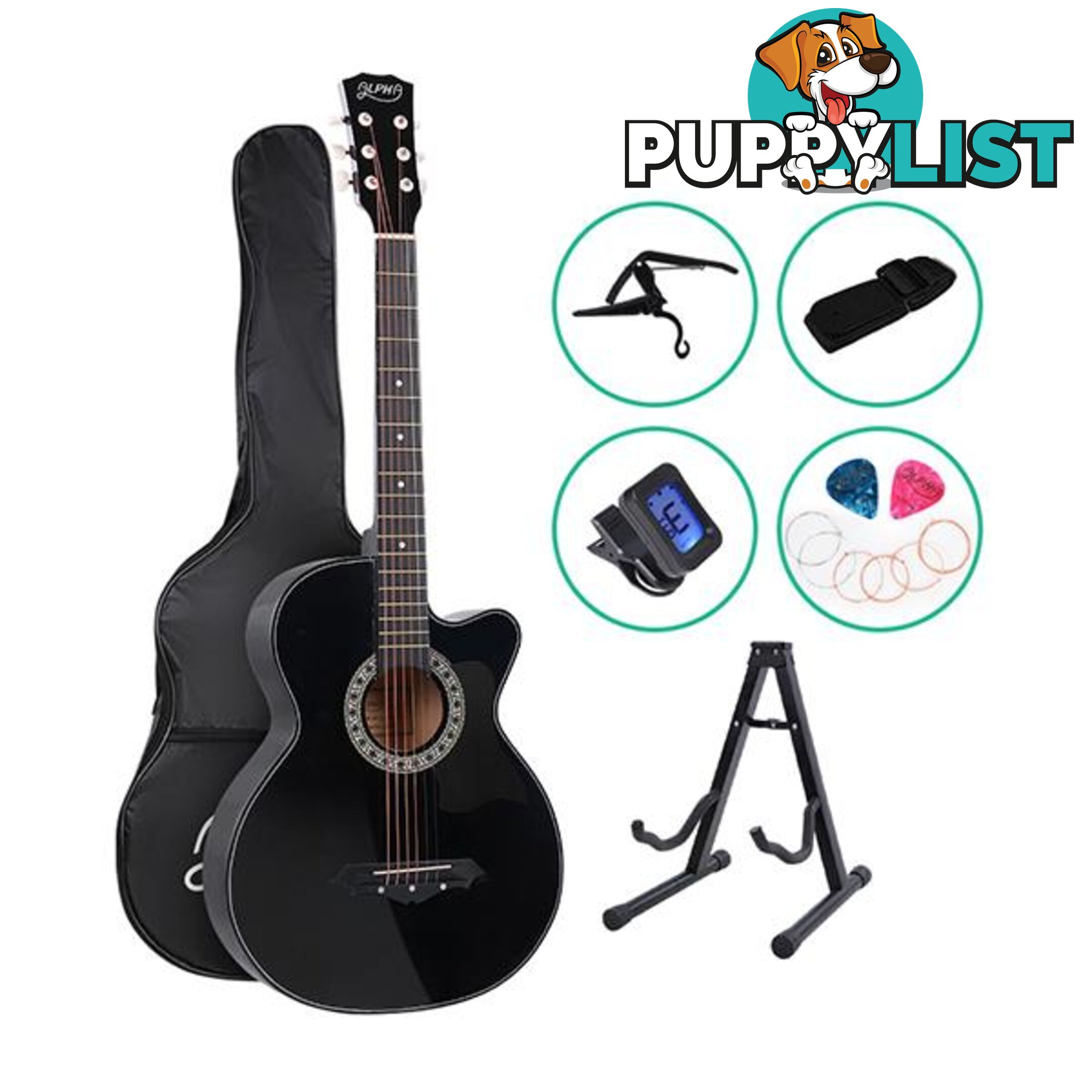 Alpha 38 Inch Wooden Acoustic Guitar With Accessories Set - Alpha - 7427046184199