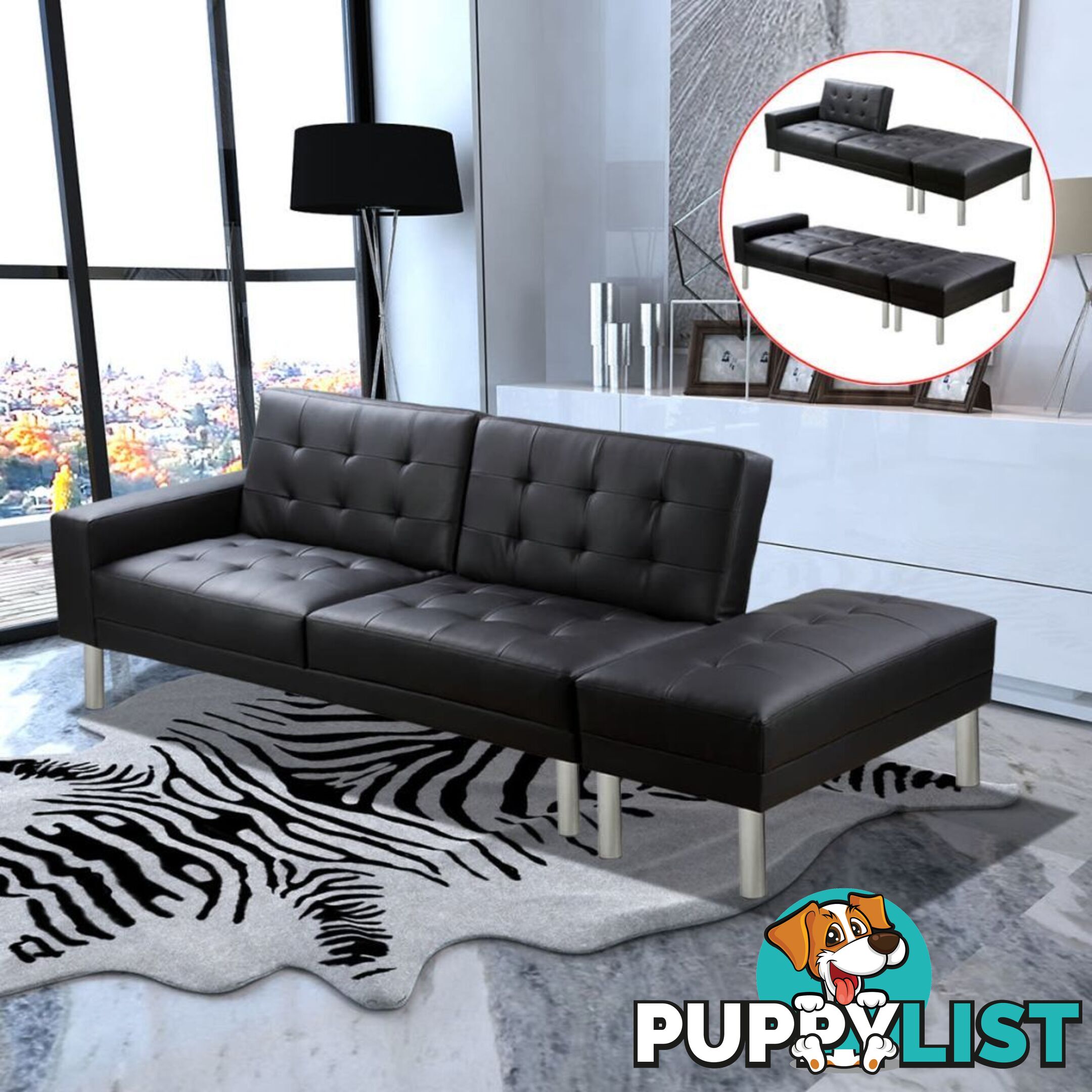 Black Artificial Leather Sofa Bed - Unbranded - 4326500437679