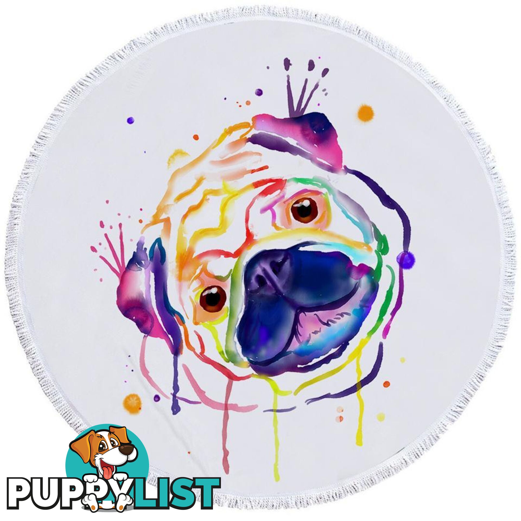 Colorful Painted Pug Beach Towel - Towel - 7427046340083