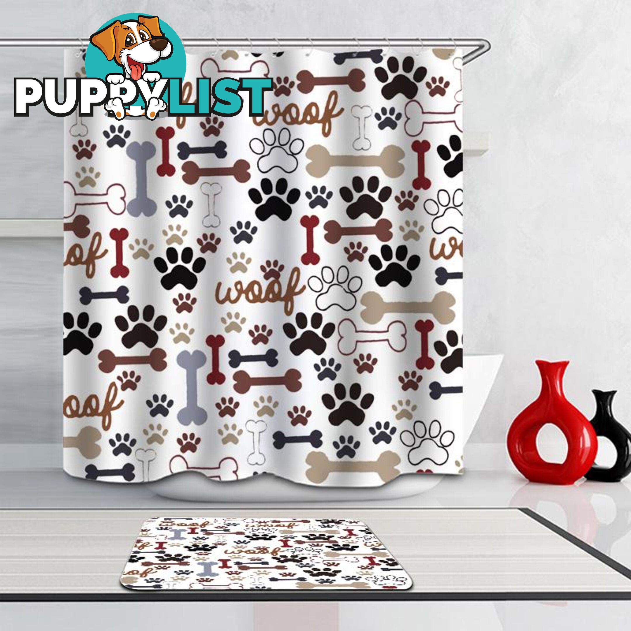 Dogâs Paws And Bones âWoof!â Shower Curtain - Curtains - 7427045957541