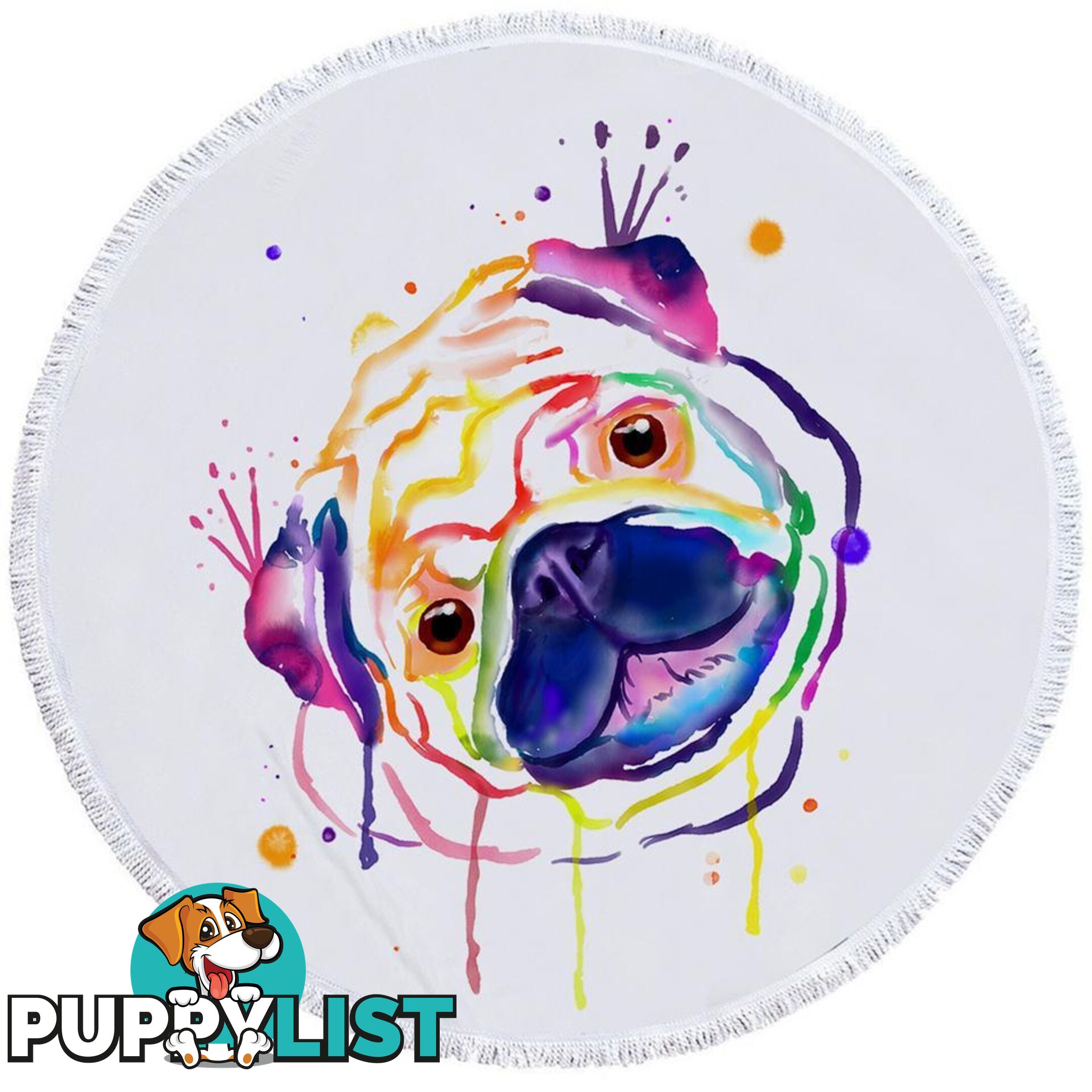 Colorful Painted Pug Beach Towel - Towel - 7427046340052