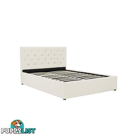 Queen Fabric Gas Lift Bed Frame With Headboard Beige - Bed Frame - 7427005868009