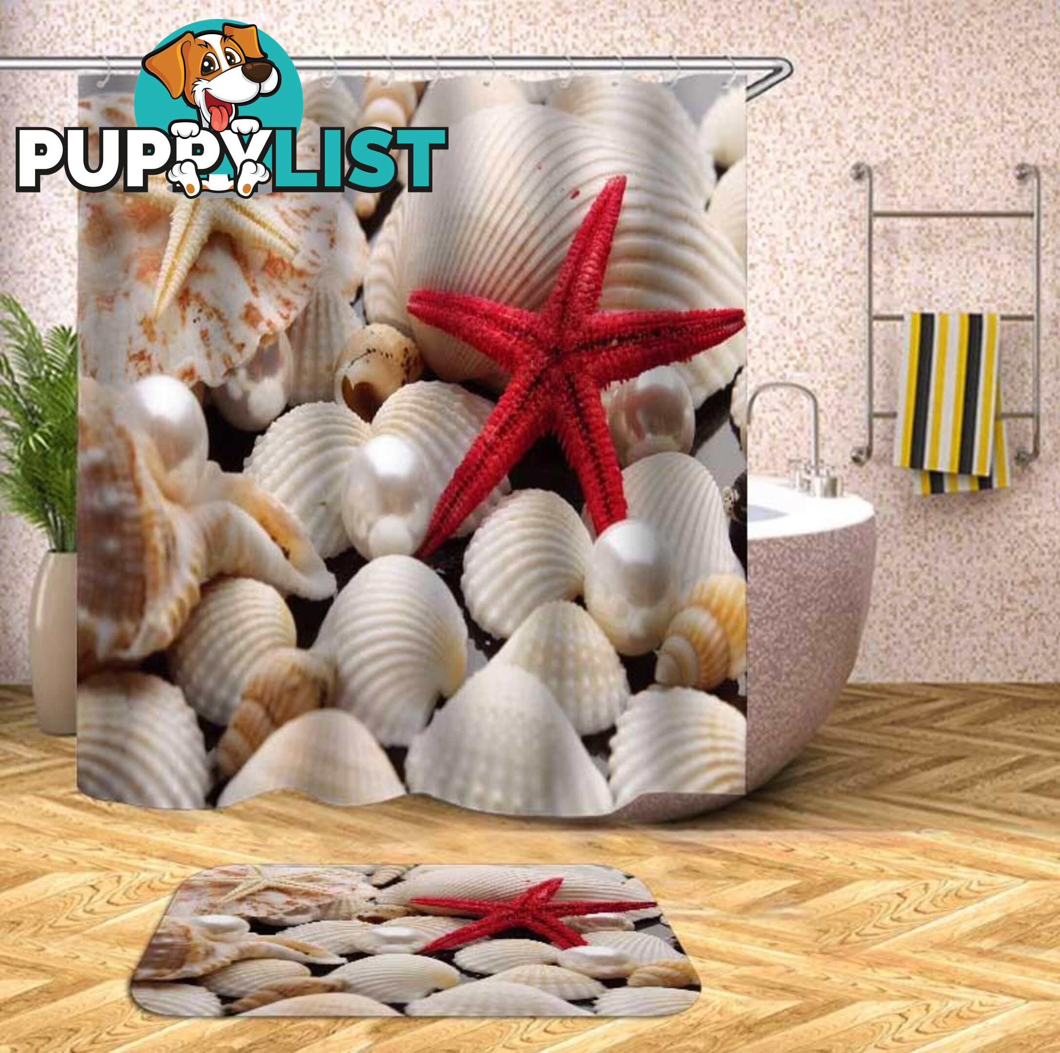 Red Starfish And Shells Shower Curtain - Curtain - 7427046079013