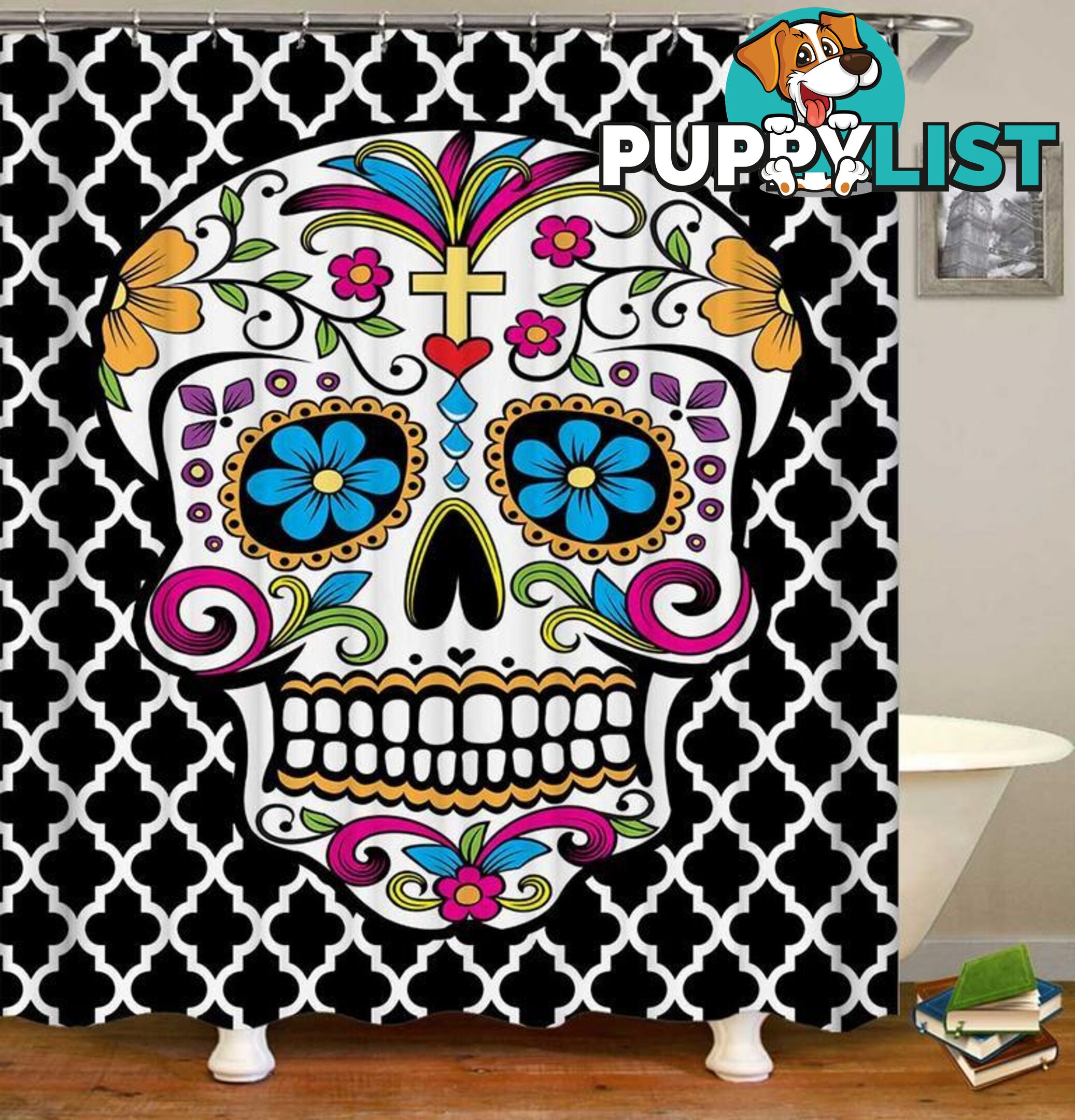 Sugar Skull Over Moroccan Shape Pattern Shower Curtain - Curtains - 7427046059879