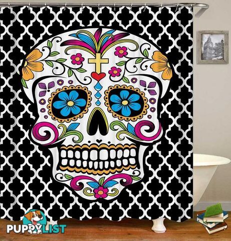Sugar Skull Over Moroccan Shape Pattern Shower Curtain - Curtains - 7427046059879