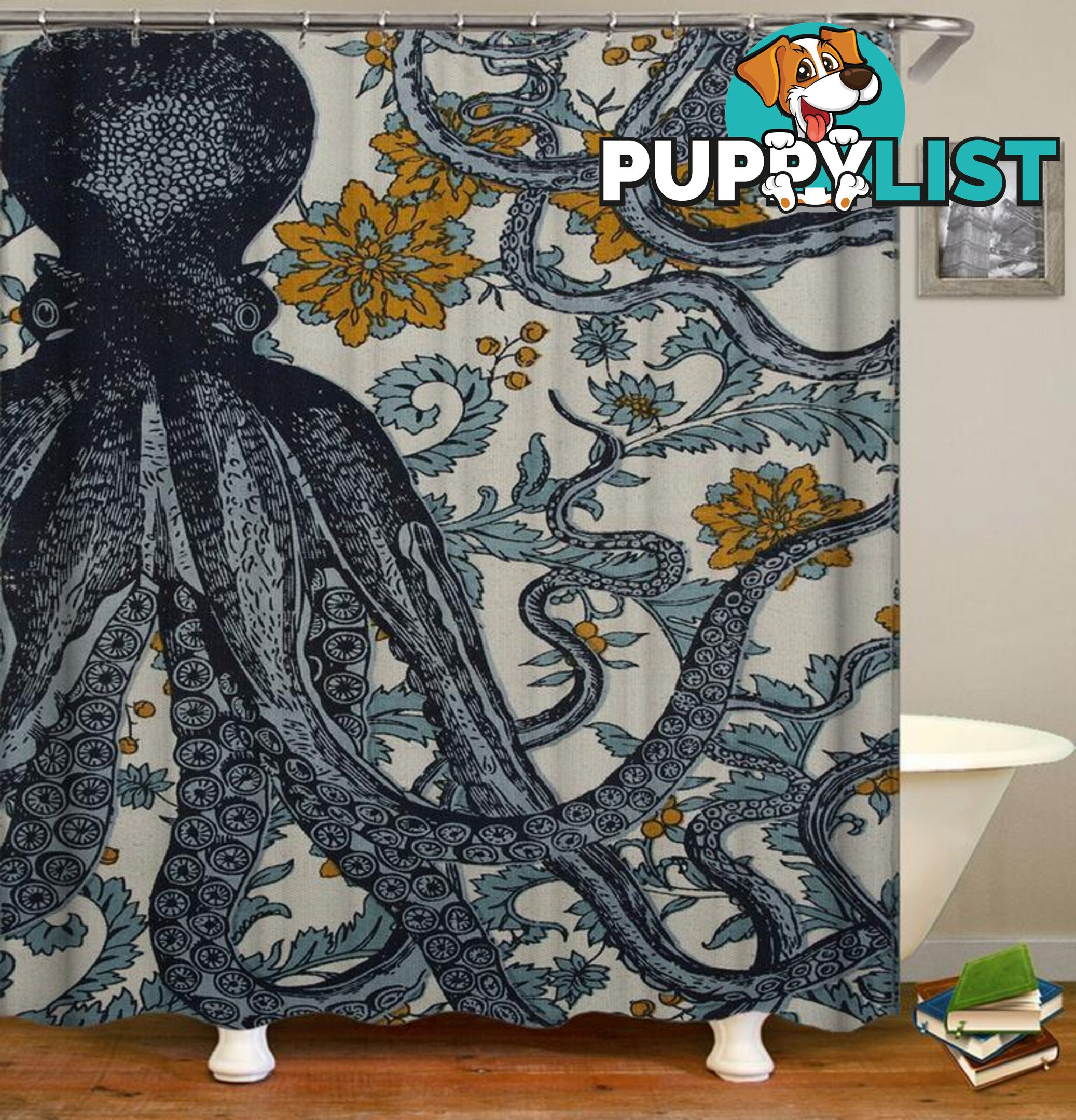 Vintage Octopus Flowery Background Shower Curtain - Curtain - 7427046004237