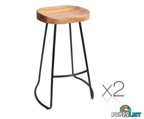 Set of 2 Steel Barstools with Wooden Seat Natural - Artiss - 4344744397351