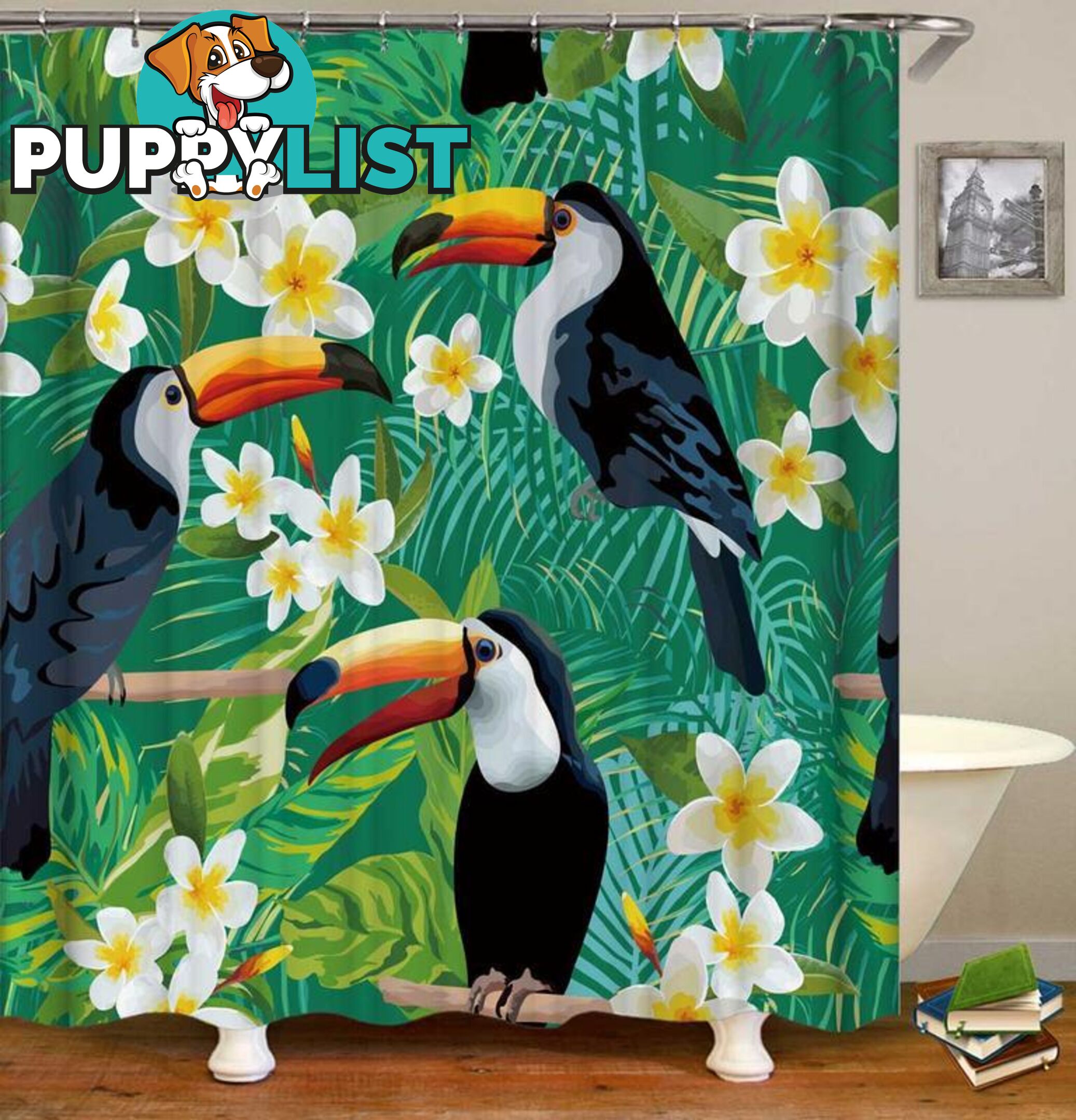 Toucans Fit Plumerias Over The Green Shower Curtain - Curtain - 7427046099714